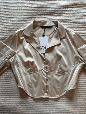 Zara Cream Satin Corset-Style Crop Blouse